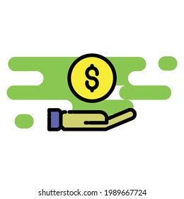 Coin on hand Illustration. modern simple vector icon, flat graphic symbol in trendy flat design style. wallpaper. lockscreen. pattern. frame, background, backdrop, sign, logo.