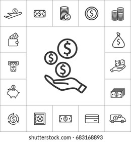 coin on hand. thin line money icon set