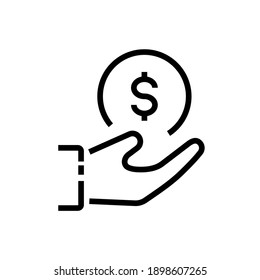 Coin on hand Vector line icon Editable stroke. Hand with coin simple icon isolated