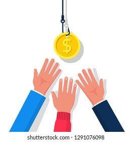 Coin On Hook. Dollar Bait. Money Trap Concept. Vector Illustration Flat Design. Isolated On Background. Hand Reaching For Free Money. Financial Bait. Greed Concept.