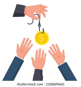 Coin On Hook. Dollar Bait. Money Trap Concept. Vector Illustration Flat Design. Isolated On Background. Hand Reaching For Free Money. Financial Bait. Greed Concept.