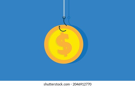 Moneda en la ilustración del vector gancho. Baco en dólares. Moneda en un gancho de pesca.