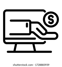 Coin on the palm of the screen icon. Outline coin on the palm of the screen vector icon for web design isolated on white background