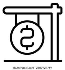 Coin on signboard line icon, finance concept. Vector graphics. Wooden pole with coin, board sign on white background, style mobile or design