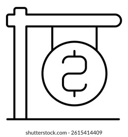 Coin on signboard thin line icon, finance concept. Vector graphics. Wooden pole with coin, board sign on white background, linear style for mobile or design