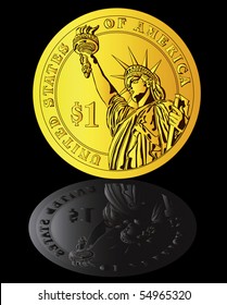 Coin in one dollar on a black background