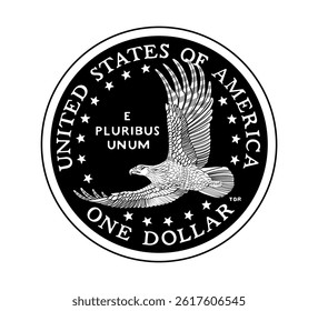 Coin one US dollar. The coin is depicted in black and white. Vector illustration. Vector illustration.