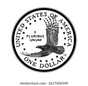 Coin one US dollar. The coin is depicted in black and white. Vector illustration. Vector illustration.