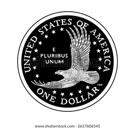 Coin one US dollar. The coin is depicted in black and white. Vector illustration. Vector illustration.