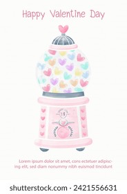 Coin operated rotating hearts cabinet in watercolors style with Valentine's day wording and example texts on white background.