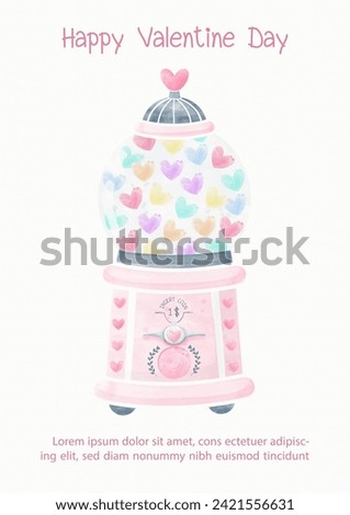 Coin operated rotating hearts cabinet in watercolors style with Valentine's day wording and example texts on white background.