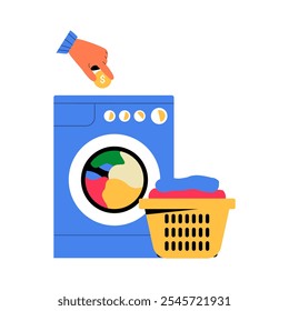 Coin Operated Washing Machine With Laundry Basket In Flat Vector Illustration Symbolizing Self Service Laundry, Coin Laundry, And Convenience, Isolated On White Background.