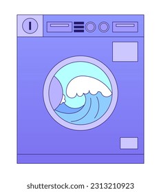 Coin operated washing machine with ocean waves flat vector cartoon icon. Editorial, magazine spot illustration. Colorful object isolated on white. Editable 2D simple drawing, graphic design