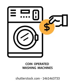 Coin operated washing machines. Stroke outline style. Vector. Isolate on white background.