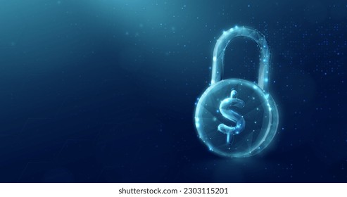 Coin with a padlock. Money saving. Finance investment. Cyber security. Low polygons, triangles, wireframes, and particle style. Vector illustration