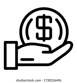 Coin in the palm icon. Outline coin in the palm vector icon for web design isolated on white background