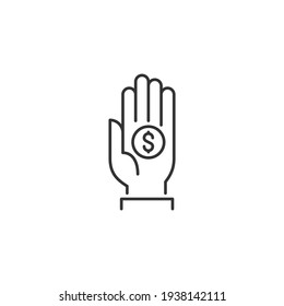 Coin in Palm Related Vector Line Icon. Sign Isolated on the White Background. Editable Stroke EPS file. Vector illustration.