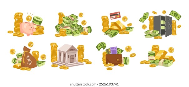 Papel moneda. Icono de dinero de oro de negocios colección, éxito financiero, inversión de signo gráfico. Conjunto plano financiero del banco. Cerdo y billetera, tarjeta de crédito. Ilustración de concepto de Vector, conjunto aislado ordenado de dibujos animados