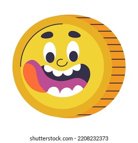 Coin personage with facial expression, isolated greedy character with open mouth showing teeth and sticking out tongue. Sticker or emoticon, emoji for social media communication. Vector in flat style