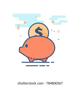 Coin piggy bank icon in outlined flat color style. Vector illustration.