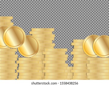Coin pile. Gold money stack. Flat cash gain symbol on transparent background. Pound, dollar currency income. Game treasury or revenue. Prosperity icon. Treasure growth