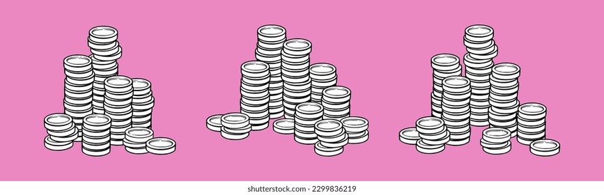 Münzhaufen mit Münzturm. Bankgold oder Silberwährung. Vektorgrafik einzeln auf rosafarbenem Hintergrund