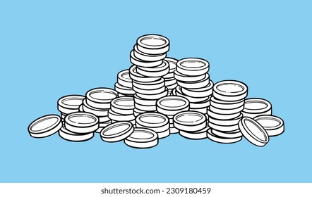 Coin pile with coin tower. Bank gold or silver currency. Vector illustration isolated in blue background