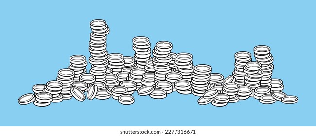 Coin pile with coin towers. Game gold or silver currency. Vector illustration isolated in blue background