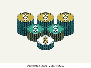 Coin pile vector, stack of coins 3d isometric, savings treasures and wealth theme, budget, exchange or jackpot concept.