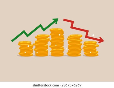 Coin piles and arrow up and down. Risk, fluctuation in stock market. Analyze data, profit and Company growth. Vector illustration.