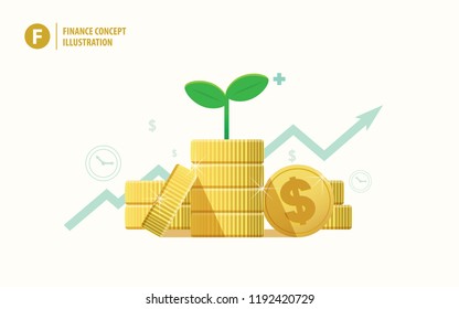 coin piles and plant sapling on top with growing graphic background illustration vector. Finance concept.