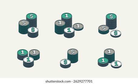 Coin piles vector set, stack of coins 3d isometric bundle, savings treasures and wealth theme, budget, exchange or jackpot concept.