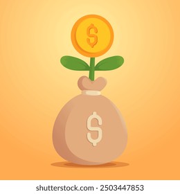 Coin plant, dollar plant growth illustration suitable for presentations and infographics about Investment growth, increase earning profit, increase wealth, make profit,