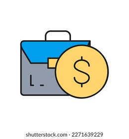 Coin with portfolio, money and stock portfolio, investing color lineal icon. Finance, payment, invest finance symbol design.