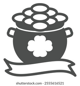 Coin pot with four leaf clover solid icon, saint Patrick day concept. Vector graphics. Leprechaun pot with ribbon tape sign on white background, outline style icon for mobile or web design