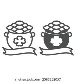 Coin pot with four leaf clover line and solid icon, saint Patrick day concept. Vector graphics. Leprechaun pot with ribbon tape sign on white background, outline style icon for mobile or web design