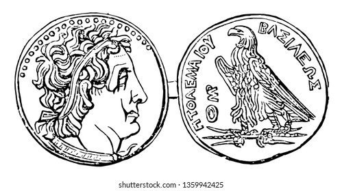 Coin of Ptolemy had a symbol of an eagle standing on a thunderbolt, vintage line drawing or engraving illustration.