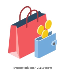 Coin purse shopping bag. Vector 3d line isometric, color web icons, new flat style. Creative design idea for infographics.