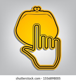 Coin Purse sign. Flat orange icon with overlapping linear black icon with gray shadow at whitish background. Illustration.