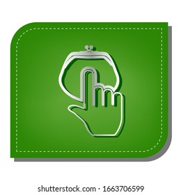 Coin Purse sign. Silver gradient line icon with dark green shadow at ecological patched green leaf. Illustration.