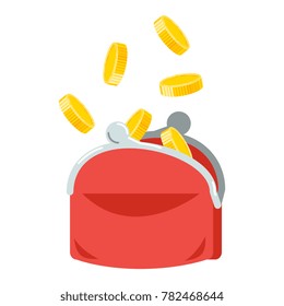 Coin rain to a purse. Flat style vector illustration.