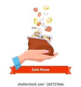 Coin rain to a purse in woman hand. Flat style vector illustration.