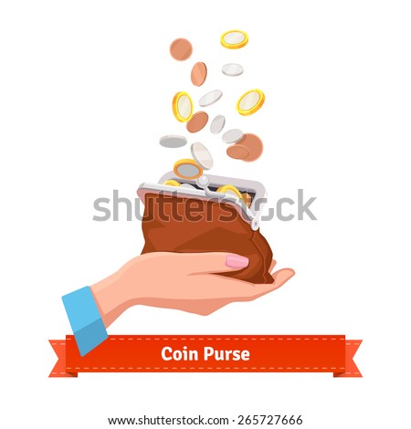 Coin rain to a purse in woman hand. Flat style vector illustration.