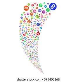 Coin random fireworks stream. Vector illustration style is flat bright multicolored iconic symbols on a white background. Object fountain constructed from scattered pictographs.