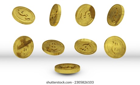 Coin Realistic gold dollar coin movement isolate on white background. Floating Coins, Falling Coins, 3D Renovation