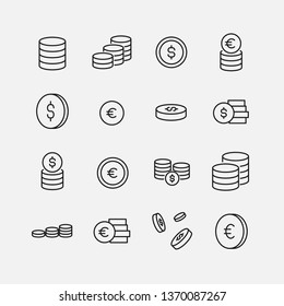 Coin related vector icon set. Well-crafted sign in thin line style with editable stroke. Vector symbols isolated on a white background. Simple pictograms