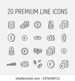 Coin related vector icon set. Well-crafted sign in thin line style with editable stroke. Vector symbols isolated on a white background. Simple pictograms