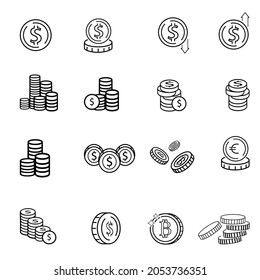 Coin related vector icon set. Well-crafted sign in thin line style with editable stroke. Vector symbols isolated on a white background. Simple pictograms