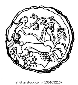 Coin in relief with a man riding the horse carriage, vintage line drawing or engraving illustration.