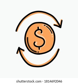 Icono de vector de color de recarga de moneda. Línea dibujada a mano en la ilustración del esbozo de dibujo.